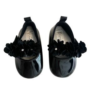 NWOT Elegant Baby Girl Black Dress Shoes w/ Floral & Rhinestone Details, Size 1